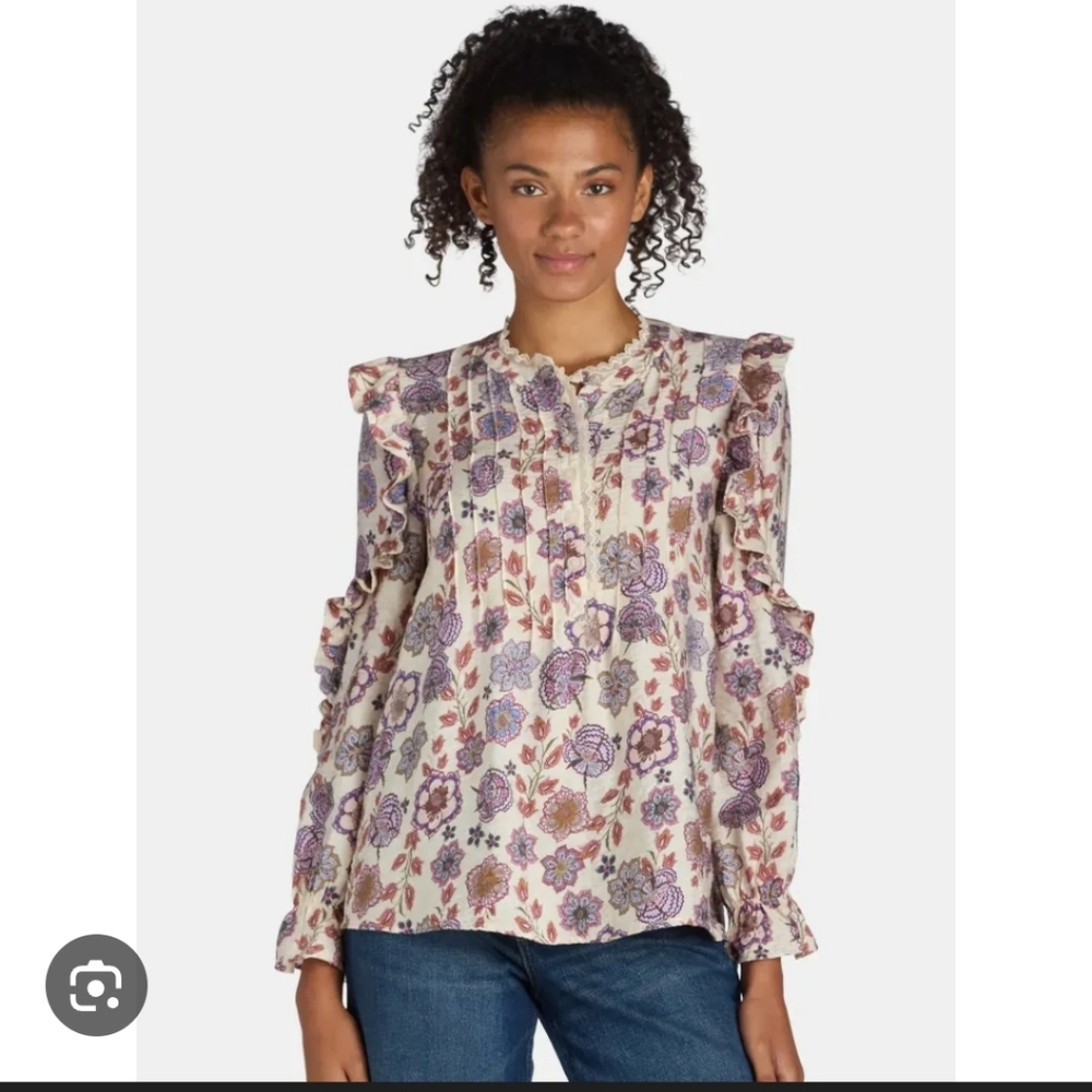 Ruffle Floral Blouse Cream Purple NWT Size XL